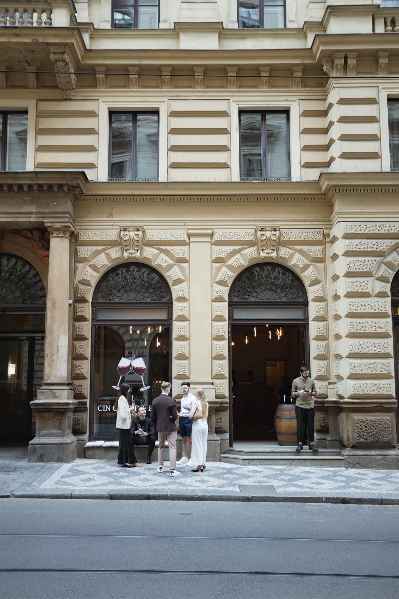 The Cin Cin façade at dusk on Dlážděná in central Prague